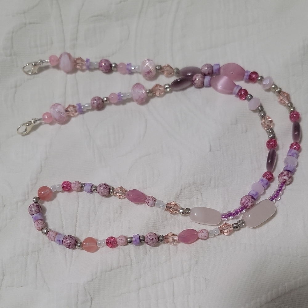 New Handmade Unique Elegant Pink and Purple Beaded Rose Quarze  Mask Lanyard